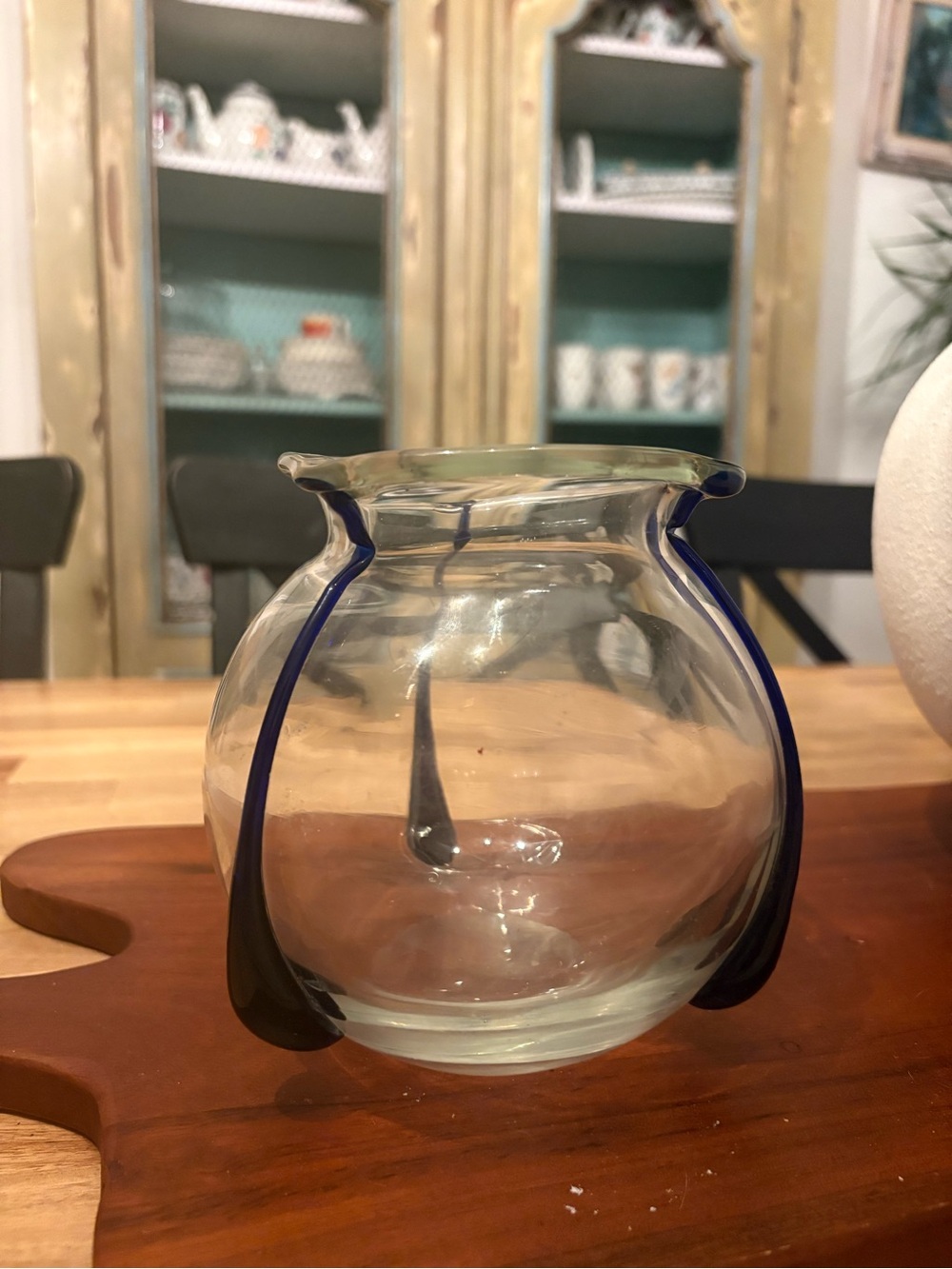 Handblown Clear Glass Bowl Vase with Blue Accents - Home Art